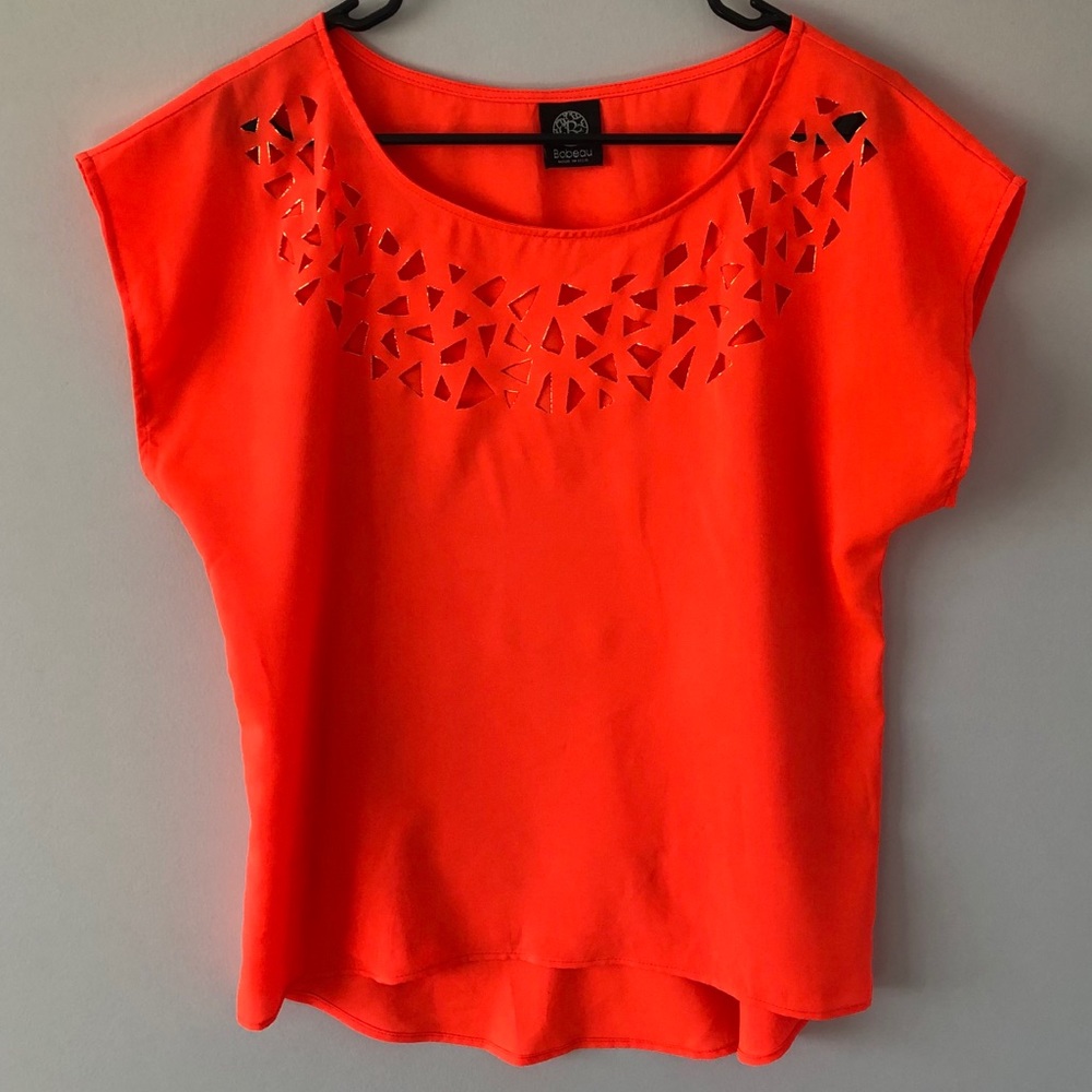 Bobeau Bright Orange Geometric Cutout Blouse